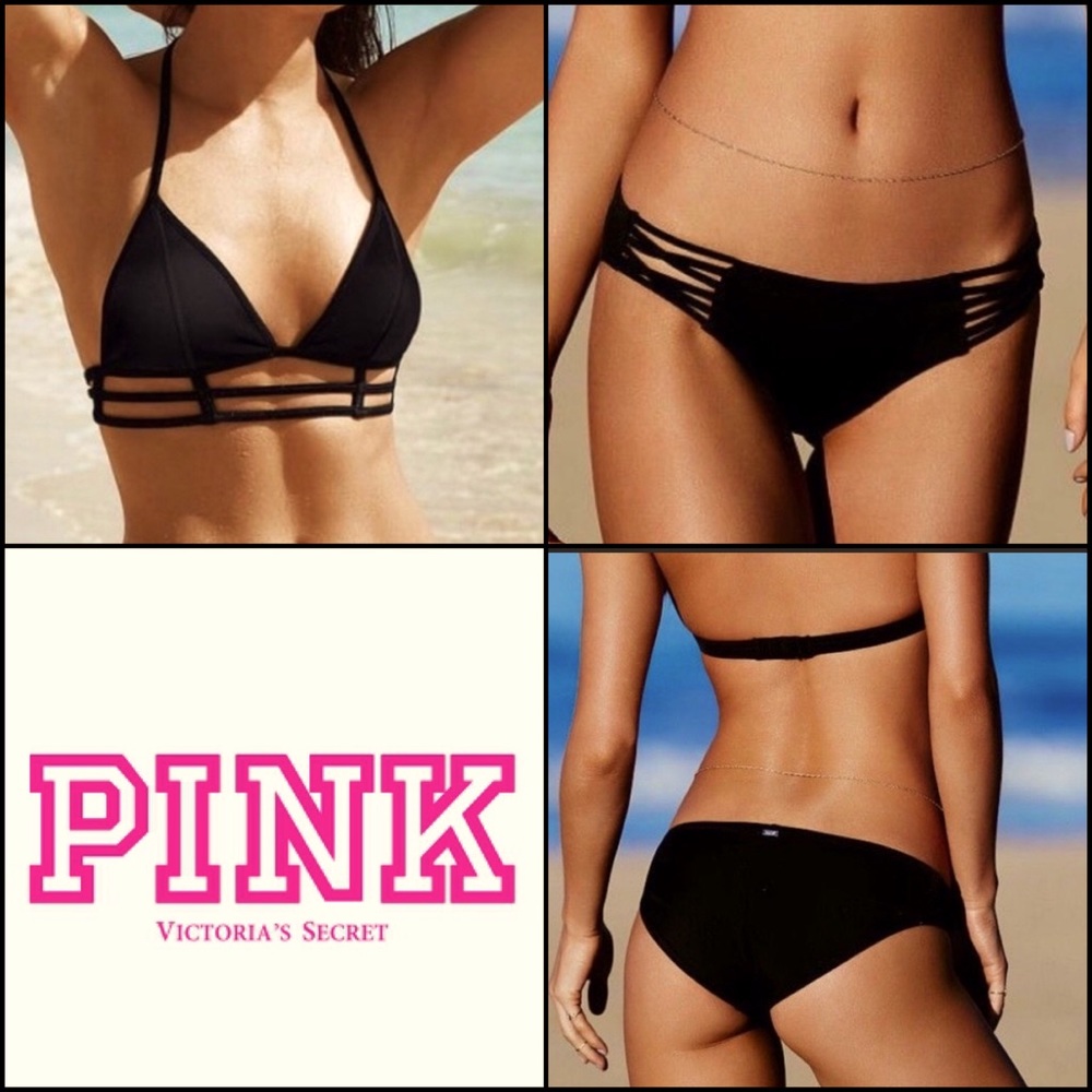 VS PINK Black Cage Caged Strappy Triangle Low Rise Bikini